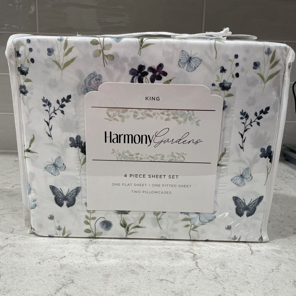 BLUE BUTTERFLY FLORAL King Size SUPER SOFT Sheet Set Sheets NEW Harmony Gardens